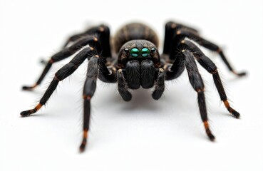 Fototapeta premium Macro shot of black spider species with striking green eyes, hairy legs, isolated on clean white background. Arachnid, possibly Tegenaria sp., intricate details of body, legs, eyes, making ideal for