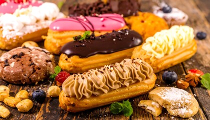 Assorted pastries on a rustic wooden surface