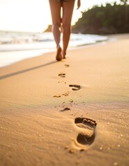 Barefoot woman walks on beach, footprints in golden sand at sunset