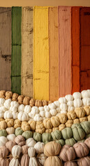 Autumnal display of woven fabric swatches and knitted pumpkins in earthy tones fall harvest