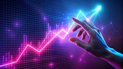 Closeup of a hand interacting with a vibrant neon graph displaying upward financial trends and stock market data, symbolizing economic growth and investment opportunities