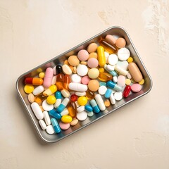 Assorted pills and capsules in a tray