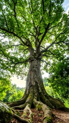 Fototapeta premium Majestic ancient tree, lush green canopy, sprawling roots