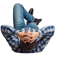 Relaxed person lying down hands behind head casual jeans plaid shirt isolated