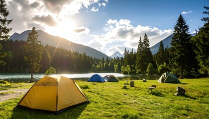Camping scene by a serene lake