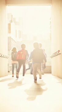Back view of school children with backpacks running down school hallway