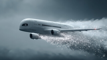 Naklejka premium Airborne Ascent: A sleek, modern airliner soars gracefully against a dramatic, stormy backdrop, leaving a trail of shimmering energy in its wake, symbolizing speed and progress.