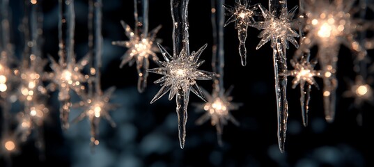 Icicles hanging from a roof with star shaped lights shining through them creating a magical winter scene