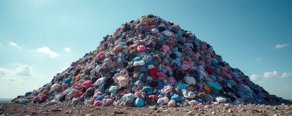 Vast pile of discarded clothes in landfill under clear sky. Represents overconsumption, fast fashion waste, textile industry environmental impact. Pile of colorful garments, rubbish, debris, on