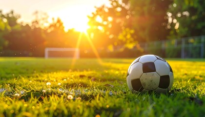 A close-up of a soccer ball on a lush green field, bathed in warm sunlight at dusk. A goalpost is visible in the background