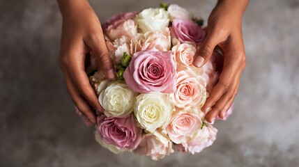 Beautiful pink rose bouquet with hands holding flower arrangement for wedding and special occasion gift ideas