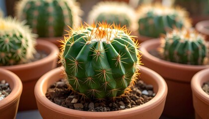 Fototapeta premium Close-up of a Green Cactus with Golden Spines in a Terracotta Pot