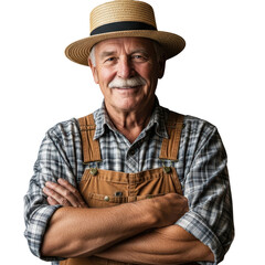 Elderly farmer portrait wearing straw hat and overalls with arms crossed confidently