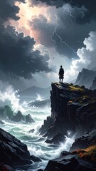 A lone figure stands on a rocky outcrop, facing a turbulent sea beneath a dramatic sky