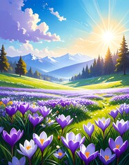 A vibrant spring meadow, bathed in sunlight