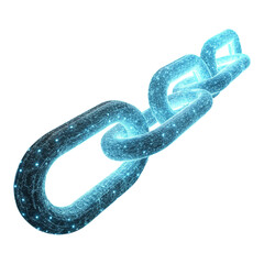 A digital chain with glowing blue particles against a black background in a close up studio shot