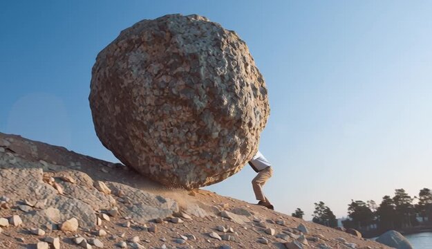 Business man pushing large stone up to hill , Business heavy tasks and problems concept.