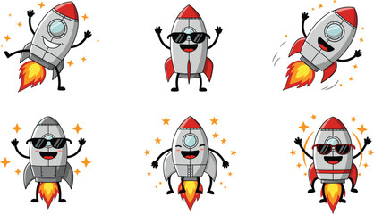 Cute cartoon rocket spaceship with happy face, fun space travel illustration, futuristic launch design for kids, science, fantasy and adventure theme