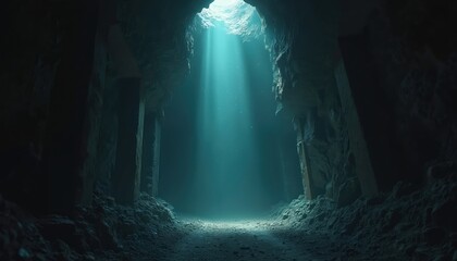 Fototapeta premium Illustration of dark mine shaft with single light beam piercing shadows. Hope, discovery in exploration, perseverance. Abstract background emphasizes depth, rugged geology of subterranean passage.