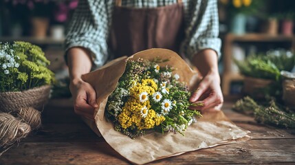 Florist arranging fresh flower bouquet in paper wrap for delivery or sale at local flower shop business