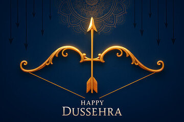 Happy Dussehra festival background; a stunning illustration of a golden bow and arrow, symbolizing the Hindu festival's theme of good triumphing over evil