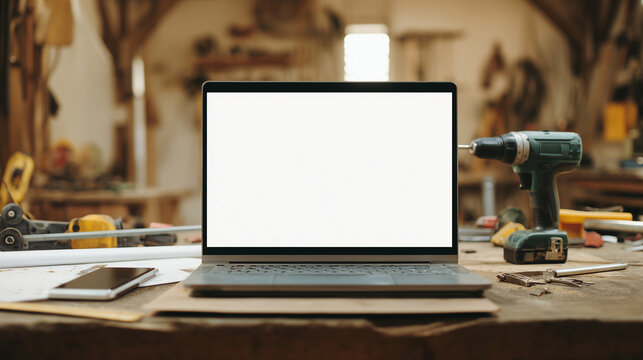 Laptop with Blank Screen on Workshop Desk with Blueprints and Tools