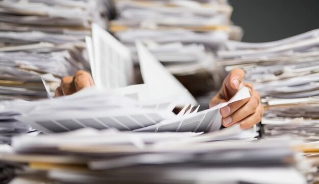 Hands of a businessman emerge from a pile of paperwork, symbolizing the burden of overwork