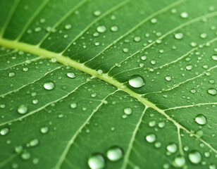 Macro shot of a single green leaf with rain droplets, serene nature background.