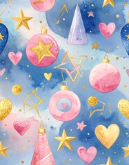 Watercolor Christmas pattern with pastel pink, gold, and blue ornaments, stars, hearts, and party hats