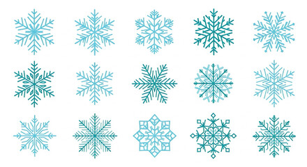Flat vector snowflake icons in different shapes, isolated on white background