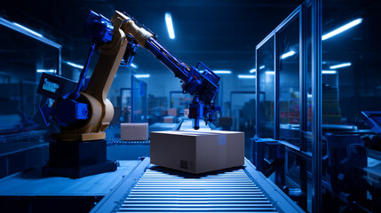 Robotic Arm with Gripper Loading Product into Cardboard Box – Automation Close-Up