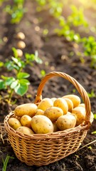 Basket of potatoes in a field