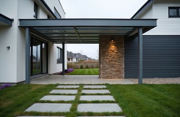 Modern carport attached to new white house with dark gray accents. Features glass roof, stone-clad pillar, paved walkway through green grass. Offers shelter for vehicles, enhances property curb