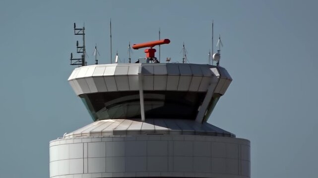 Calgary International Airport control tower stands tall against a clear blue sky, a symbol of aviation command, safety, and modern air traffic control