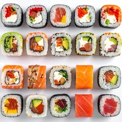 Assorted sushi rolls arranged in a grid