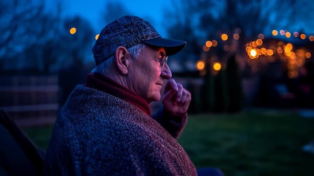 Contemplative Elderly Man Reflects in His Backyard at Twilight, Surrounded by Warm Bokeh Lights