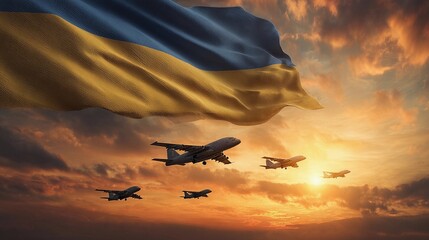 Ukrainian flag waves as several aircraft fly across a vibrant sunset sky over the horizon