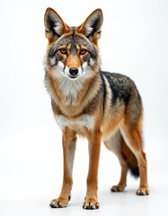 Obraz premium Alert coyote with raised ears stands on clean white background. Animal portrait shows sharp focus on its intelligent eyes and textured fur. Full body shot of wild canine, isolated for design use.