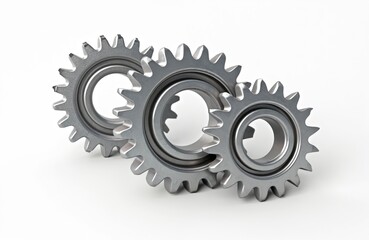 Three metal gears interlocked on clean white background. Illustration represents engineering, industry, mechanical concepts. Image teamwork, machinery, technological progress, ideal for presentations