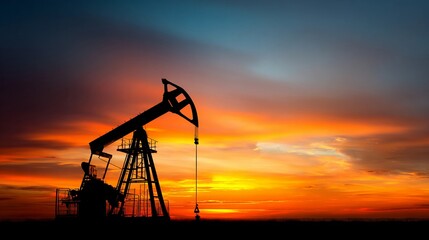 Sunset silhouettes an oil pump jack against a vibrant sky filled with orange and blue hues in a rural setting