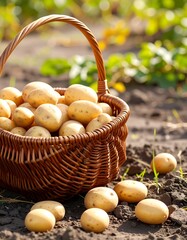 Basket of potatoes on soil