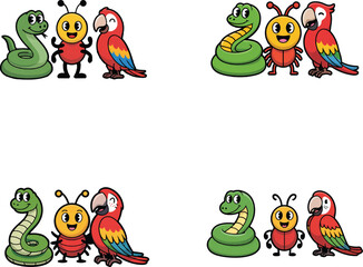 Green snake yellow bug red parrot vector
