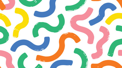 Multi colored squiggles with circles seamless pattern. Brush drawn bold curved lines, waves and swirls. Abstract geometric colorful background with organic bold lines. Childish doodles and scribbles