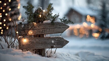 Charming wooden signpost covered in snow, nestled in a winter landscape with blurred lights in backdrop