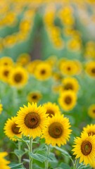 A vibrant sunflower field, blurred background