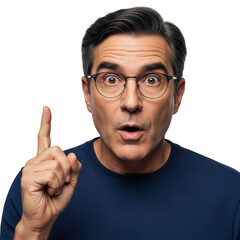 Man with glasses points finger up in surprise expressing an idea