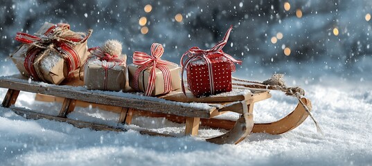 Christmas presents on a wooden sled in a snowy winter landscape with falling snow and bokeh lights