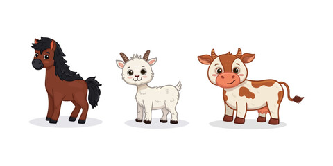 Naklejka premium Set of cartoon cute animals. Funny horse, goat and cow. Funny animals for magazines, postcards, cards. Vector illustration