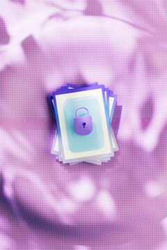  3D render of cyber security concept with padlock and documents