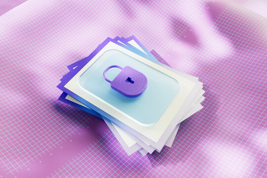  3D render of violet padlock on stacked paper sheets
